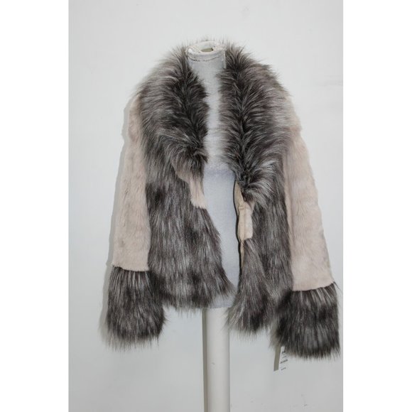 INC Womens Faux Fur Hook-And-Eye Closure Color Block Jacket Beige - Picture 3 of 11